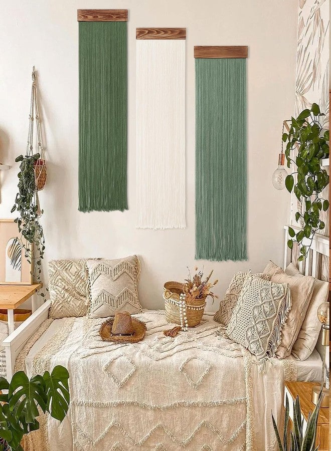 KHOYIME Macrame Wall Hanging Boho Chic Home Decor, 3PCS Bohemian Green Beige Tassel Yarn Tapestry Modern Handmade Large Wall Art Decorations for Living Room Bedroom Nursery Backdrop 11.8''W x 36''L - Image 3